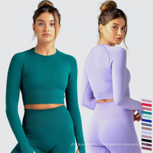 Tenue de yoga de fitness Tenue en spandex sans couture à manches longues yoga ensembles de sports simples à la taille haute avec le trou de pouce